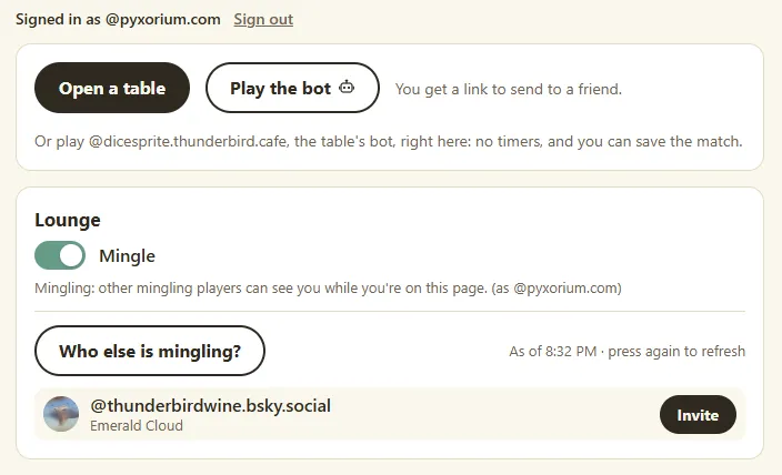 Screenshot of Daisy’s start screen, signed in as @pyxorium.com: Open a table and Play the bot, and below them the Lounge panel with Mingle switched on. After pressing “Who else is mingling?”, one other player is listed, @thunderbirdwine.bsky.social, with an Invite button.