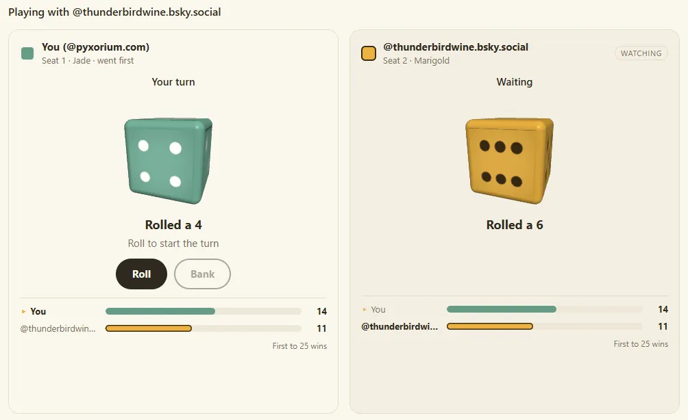 Screenshot of a Daisy match in progress, as pyxorium.com sees it. On the left, your own seat: seat 1, Jade, went first, a jade die showing a 4, “Your turn”, and Roll and Bank buttons. On the right, the watching copy of the other seat: @thunderbirdwine.bsky.social, seat 2, Marigold, a marigold die showing a 6, “Waiting”. Both show the score, 14 to 11, first to 25 wins.